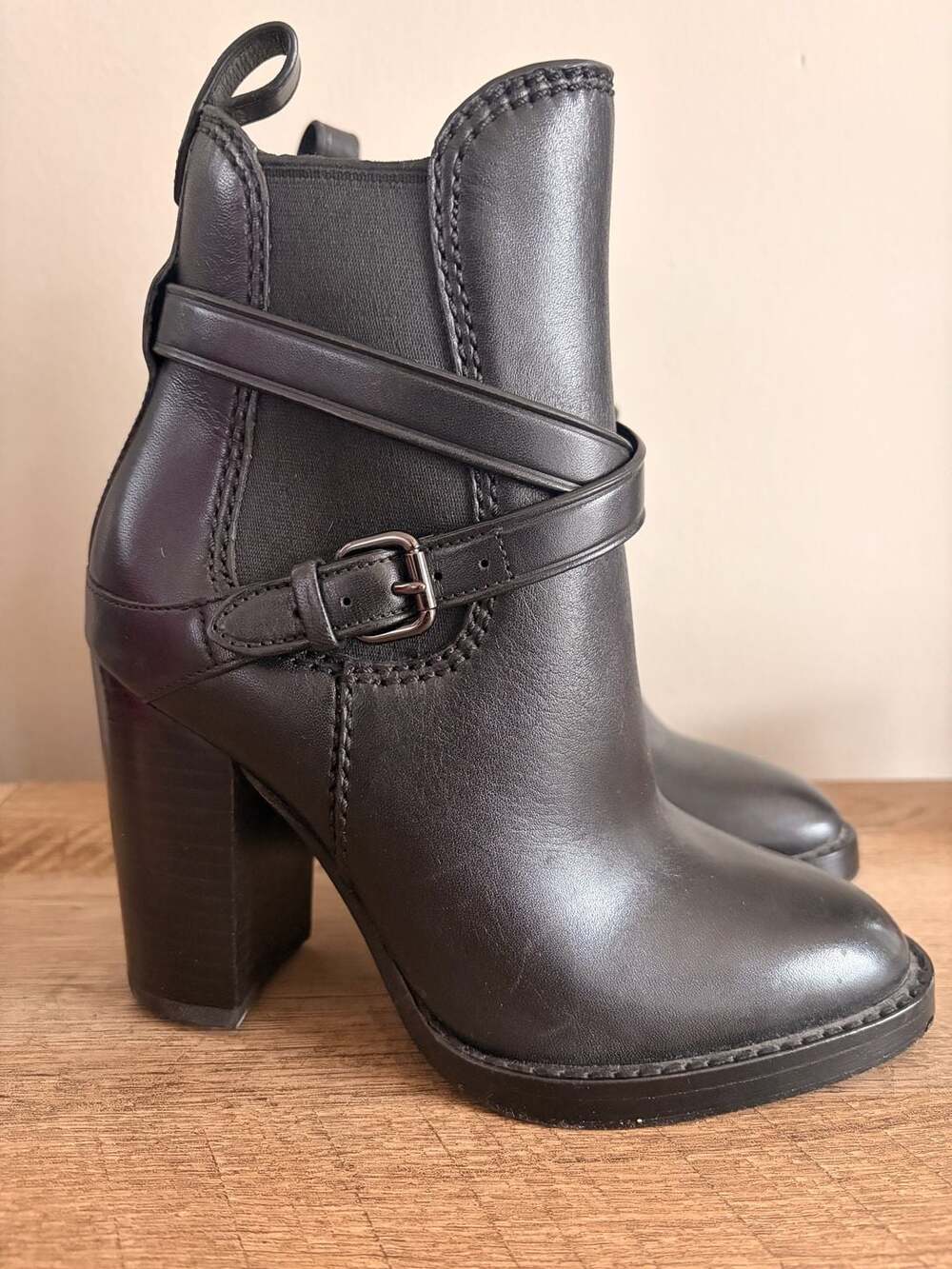 Coach Jackson Black Leather Heeled Ankle Boots with Buckle Strap
